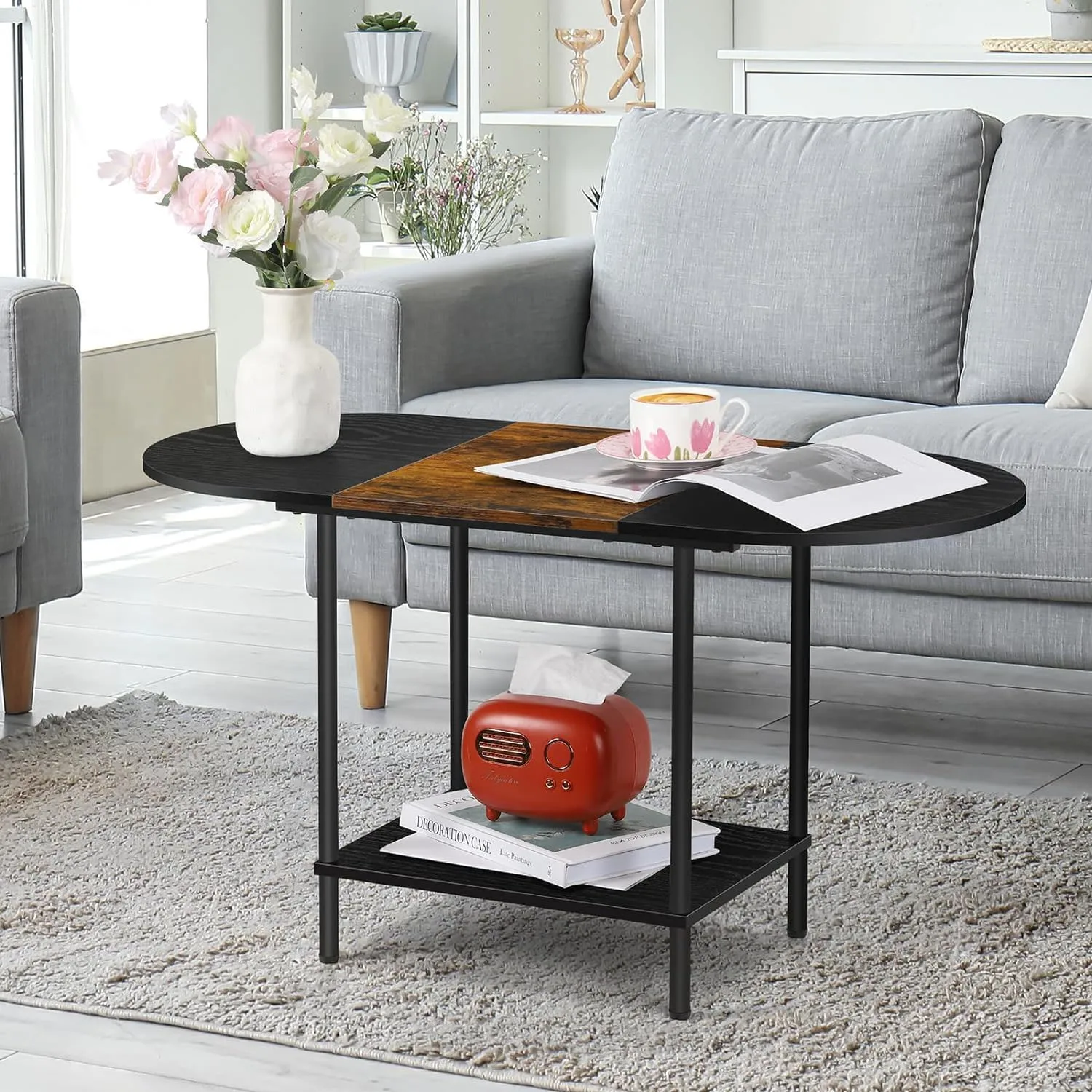 

Small Black Oval Coffee Table - Center Table with Storage and Open Shelving - Round Coffee/Tea Table for Living Room, Small Spac