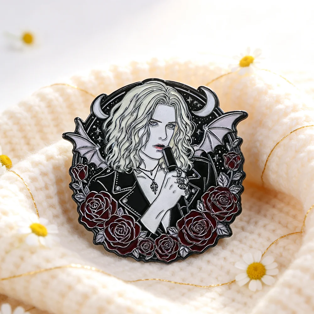 Gothic the Vampire Lestat Enamel Pin - Rose Bat Wing Moon Design Lapel Brooch for Backpack Fan Collectible Accessory