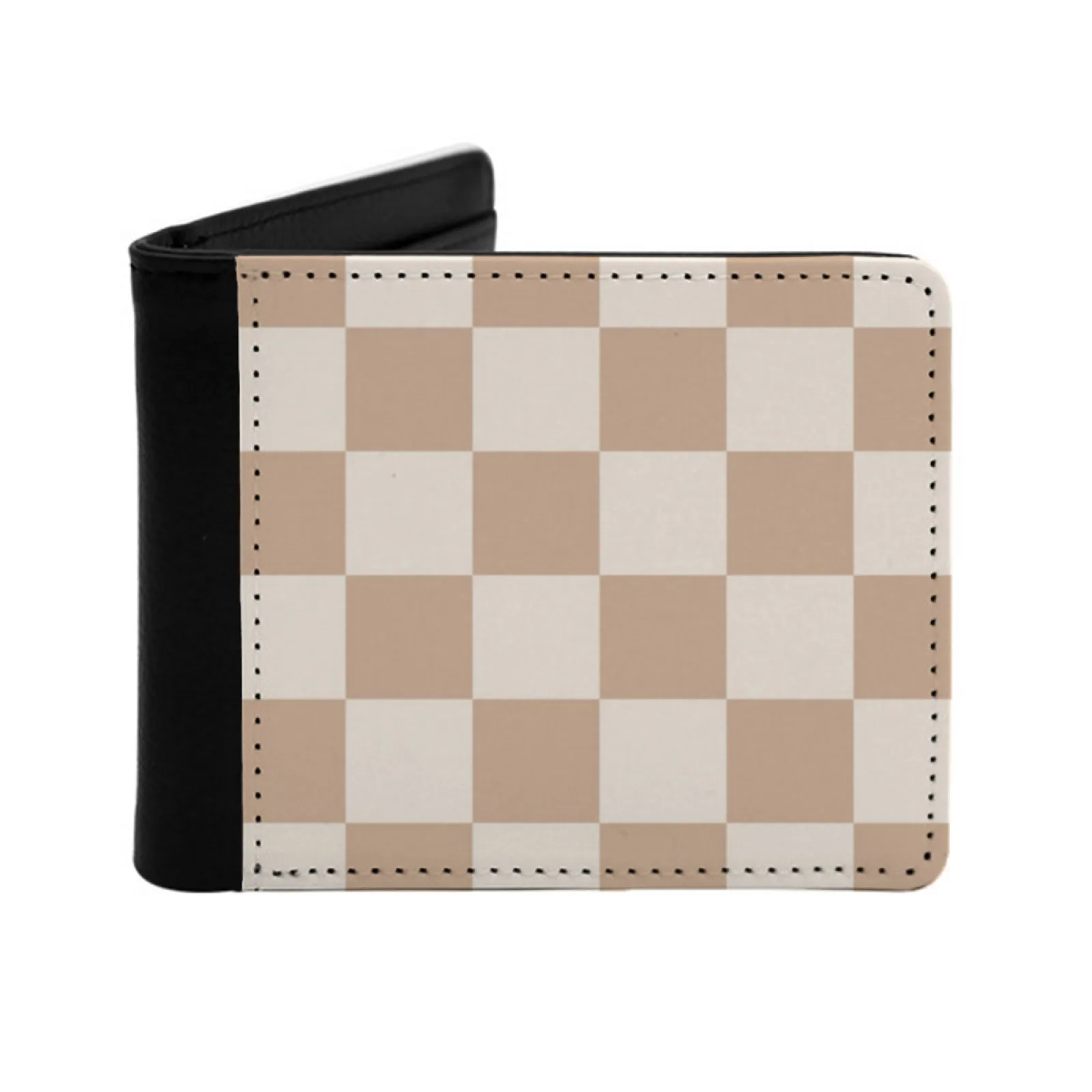 Caramel Brown Checkered Personalized Men's Leather Wallet Credit Card Pouch Purse Checkered Pattern Checkered Pattern Squares