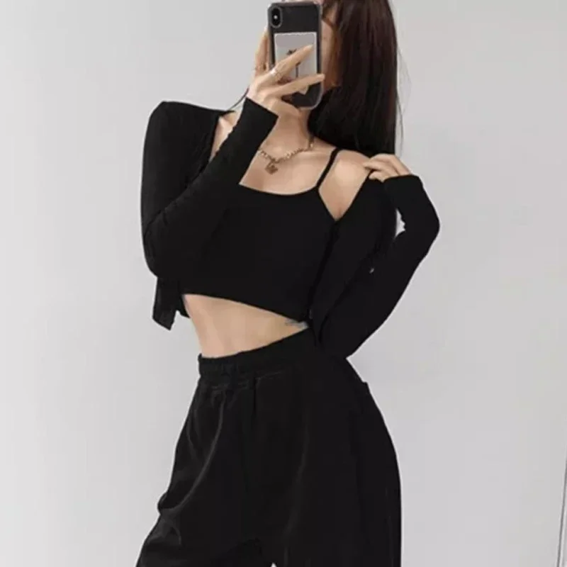 SMVP New Korean Chic Knitted Cropped Cardigan Women Summer All Match Long Sleeve Cardigans Woman Single Breasted Crop Tops Lady