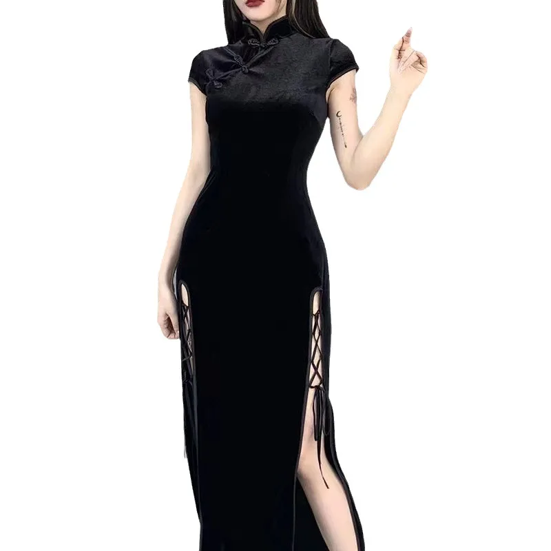 Vintage Black Gothic Bandage Dress Sexy Cheongsam High Split Velvet Short Sleeve Spring Retro Long Qipao Women Aesthetic Dresses