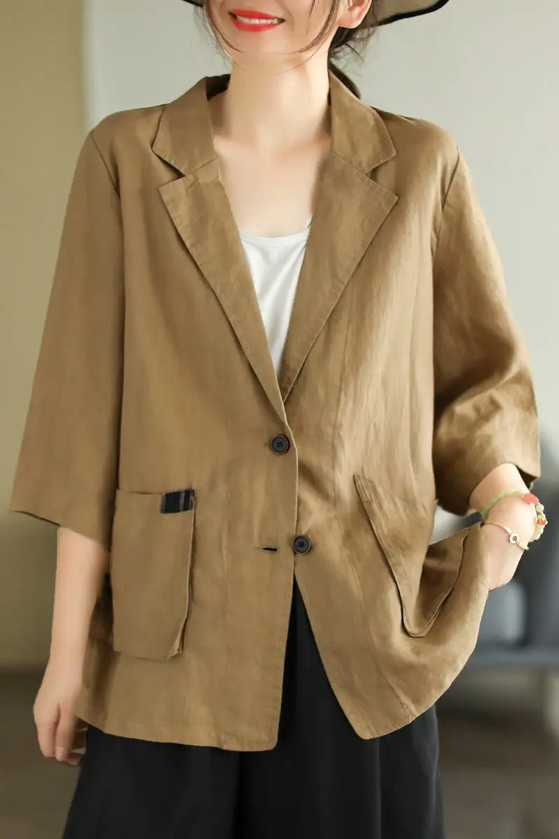 Neue Retro Sand-Gewaschen Leinen Blazer Frauen Casual Anzug Kragen Kurze Jacke Große Größe Lose Dünne Drei-Viertel hülse Top h2055