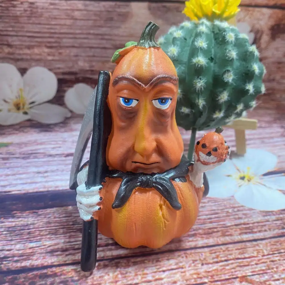 Halloween Pumpkin Ornament Cartoon Pumpkin Decor Halloween Cartoon Pumpkin Figurine Spooky Winged Broom Sickle for Holiday