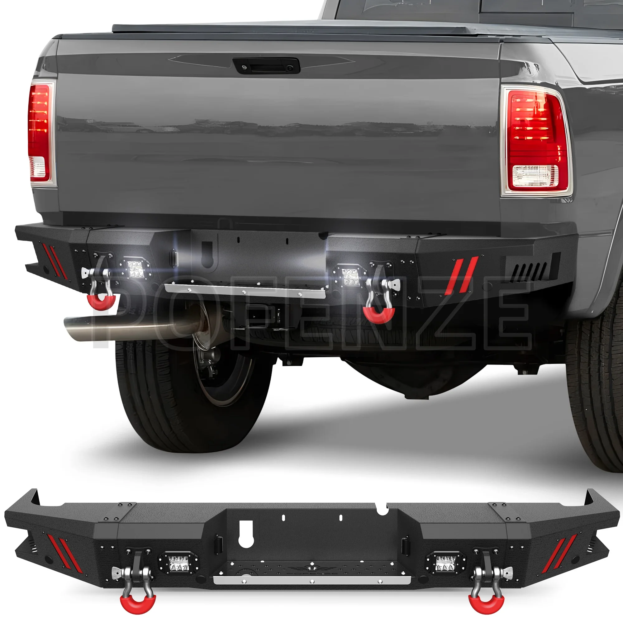 

Truck Rear Bumper Fit Dodge Ram 2500/3500 2010-2018 Pickup, Textured Black with D-rings, LED Lights, Stainless Steel Step Plate