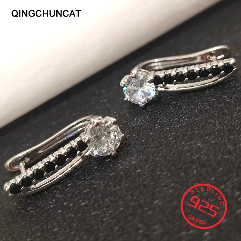 

2026 Trend Women's Silver Earring Oreille Female Wedding Korean Fashion Jewelry Simple Black Crystal Clip Earrings for Women