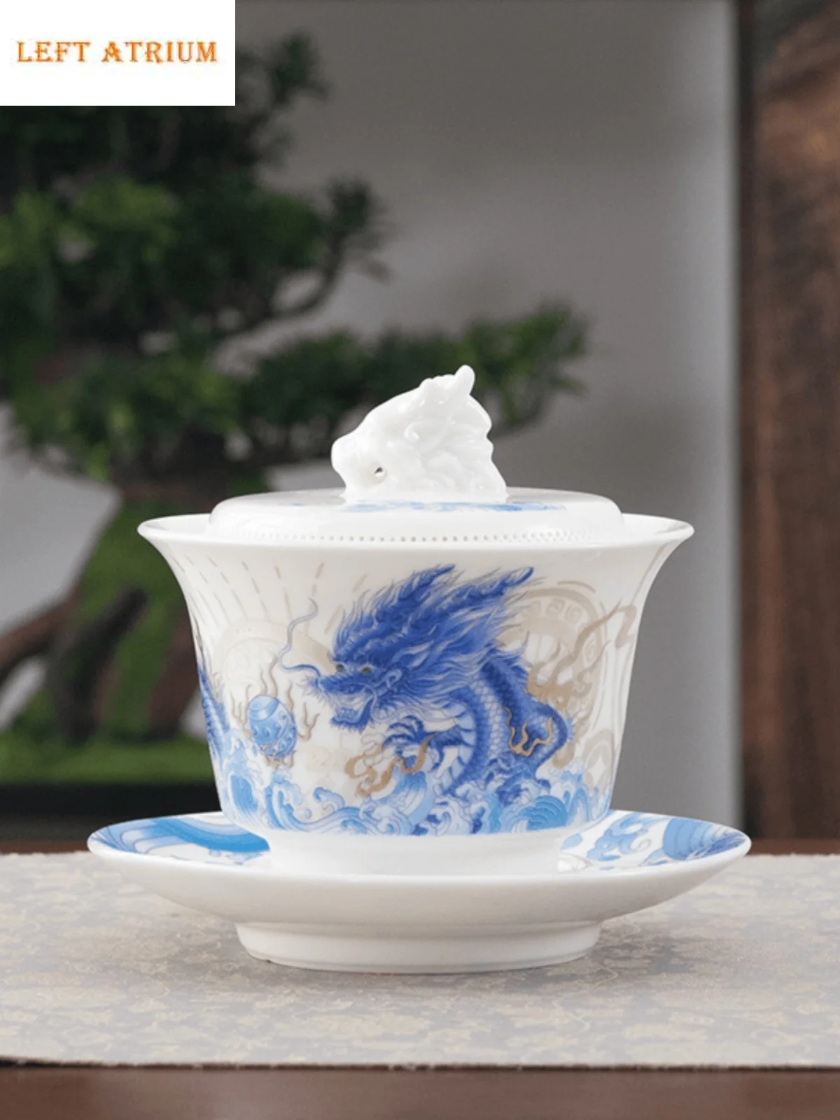 

Китайский синий дракон, белая овца, жирный нефритовый фарфор, Гавань 360° ° Роспись водой, элитная ретро чайная чаша, чайная подставка, чайная церемония