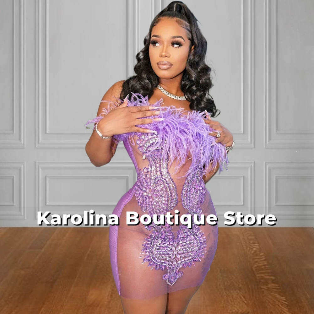 Strapless Lilac Feathers Prom Dresses Black Girl Beaded Rhinestone See Thru Sexy Party Dress Mini Cocktail Homecoming Customized