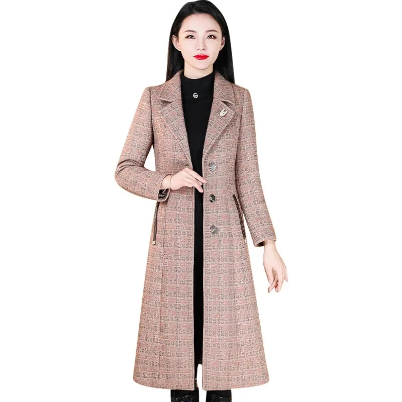 

Модное шерстяное пальто для мам среднего возраста осень-зима свободное корейское темпераментное длинное приталенное клетчатое шерстяное пальто выше колена для женщин