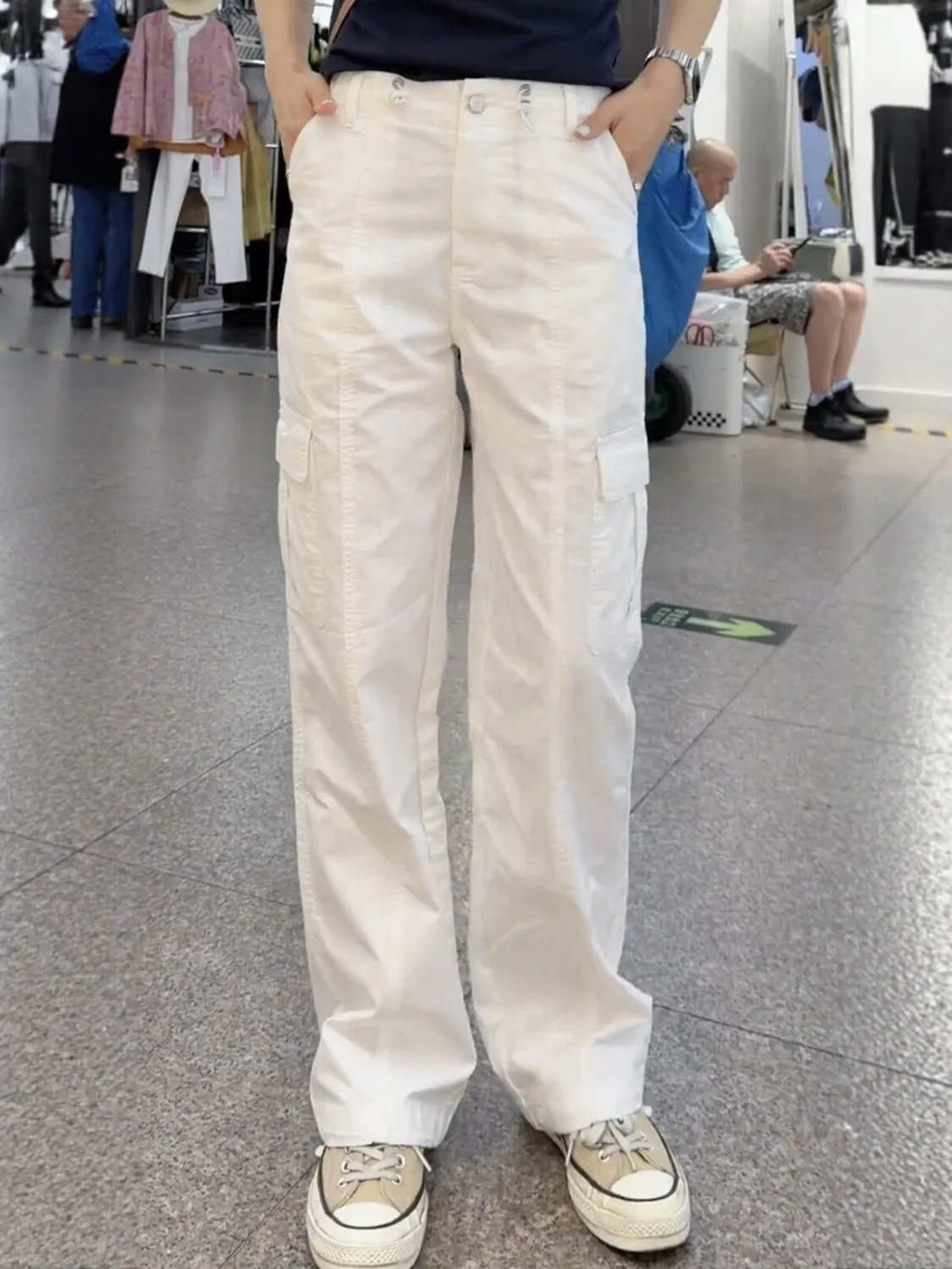 Authentic American Style Casual Straight Leg Pants Multi Pockets Workwear Long Trousers High Waist Cotton Wide Leg Ladies
