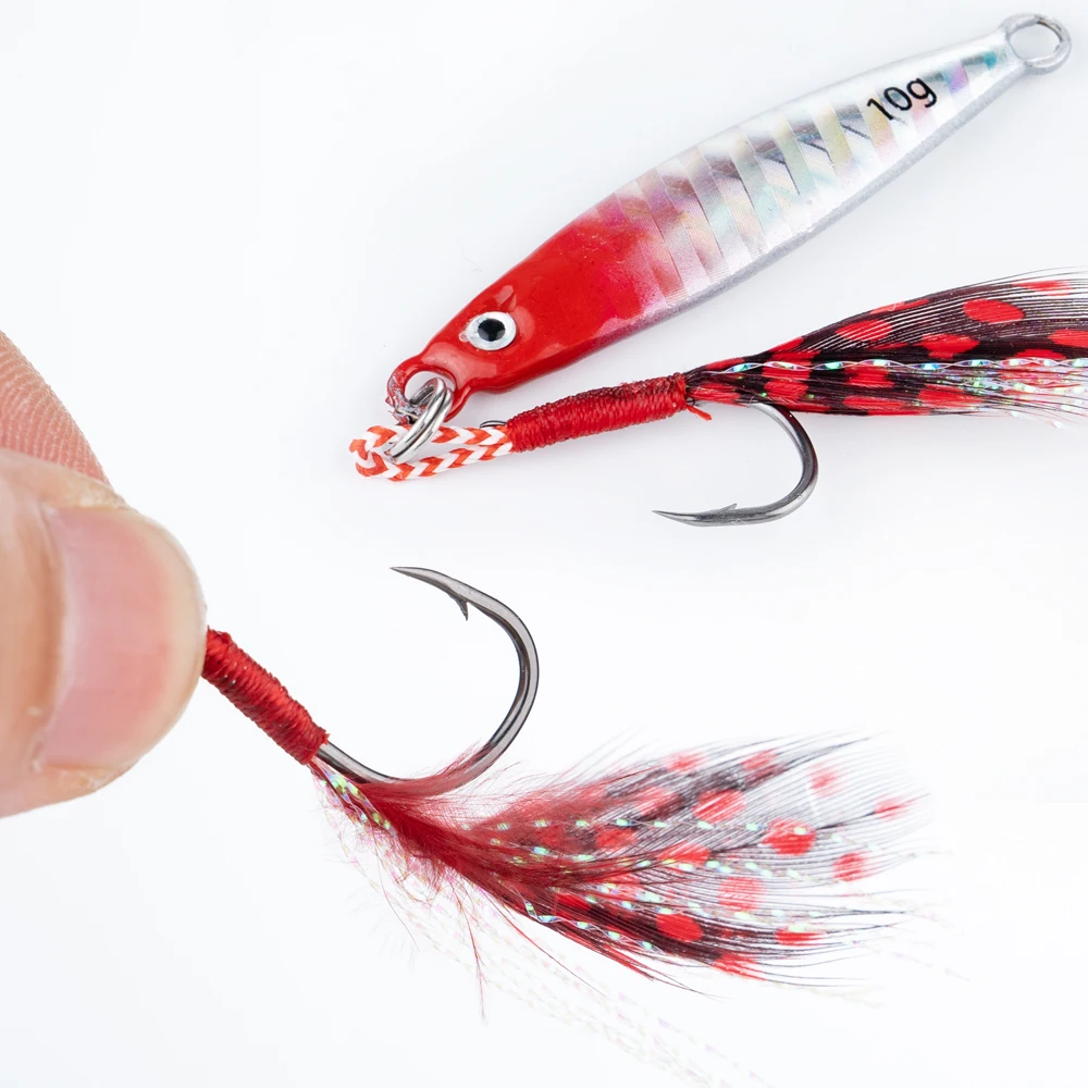 20 Stück Angelhaken mit Feder-Jig-Köderhaken, Angelhaken aus Kohlenstoffstahl, 10 Stück # 11 # 12 # 13 # Slow Single Jigs Assist Hook – Detail 2