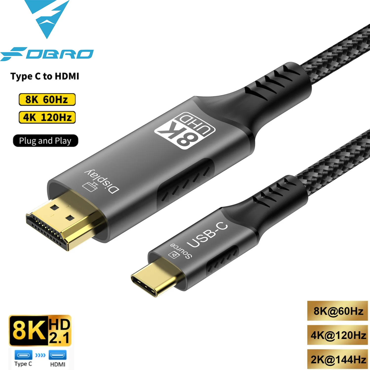 Kabel HDTV USB C ke HDMI, kabel USB C ke HDMI 8K @ 60Hz 4K @ 120Hz Tipe C ke HDMI kompatibel untuk konverter TV MacBook Air iPad USB-C adaptor HDMI