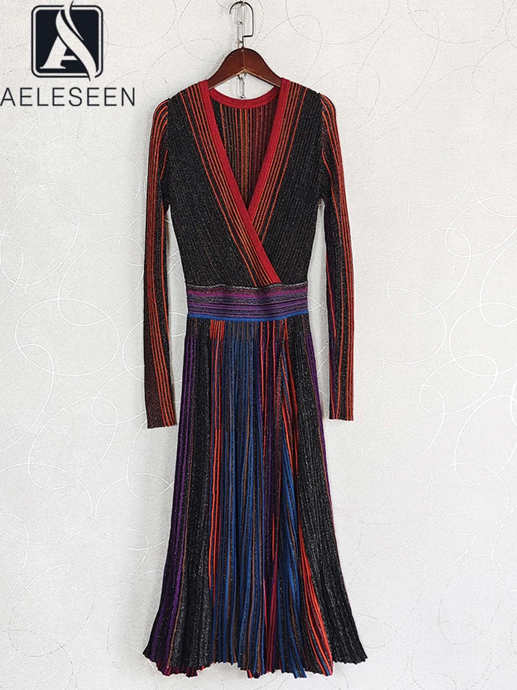 AELESEEN Runway Fashion Autumn Winter Knitted Dress Vintage Long Sleeve V-Neck Rainbow Striped Slim Elegant Pleated Party