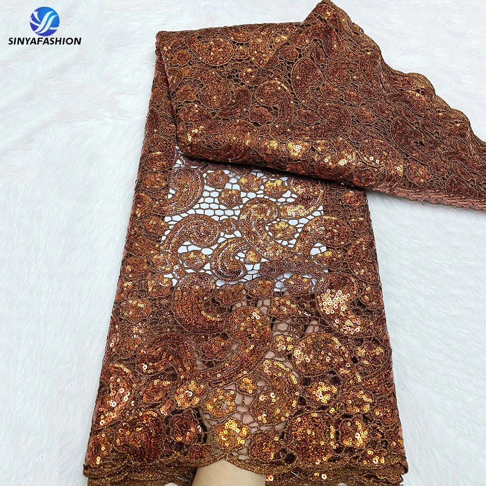 

Sinya Brown African Guipure Lace Fabric Embroidery 2023 Nigerian Cord Lace Sequins Water Soluble Fabrics For Wedding Party Dress