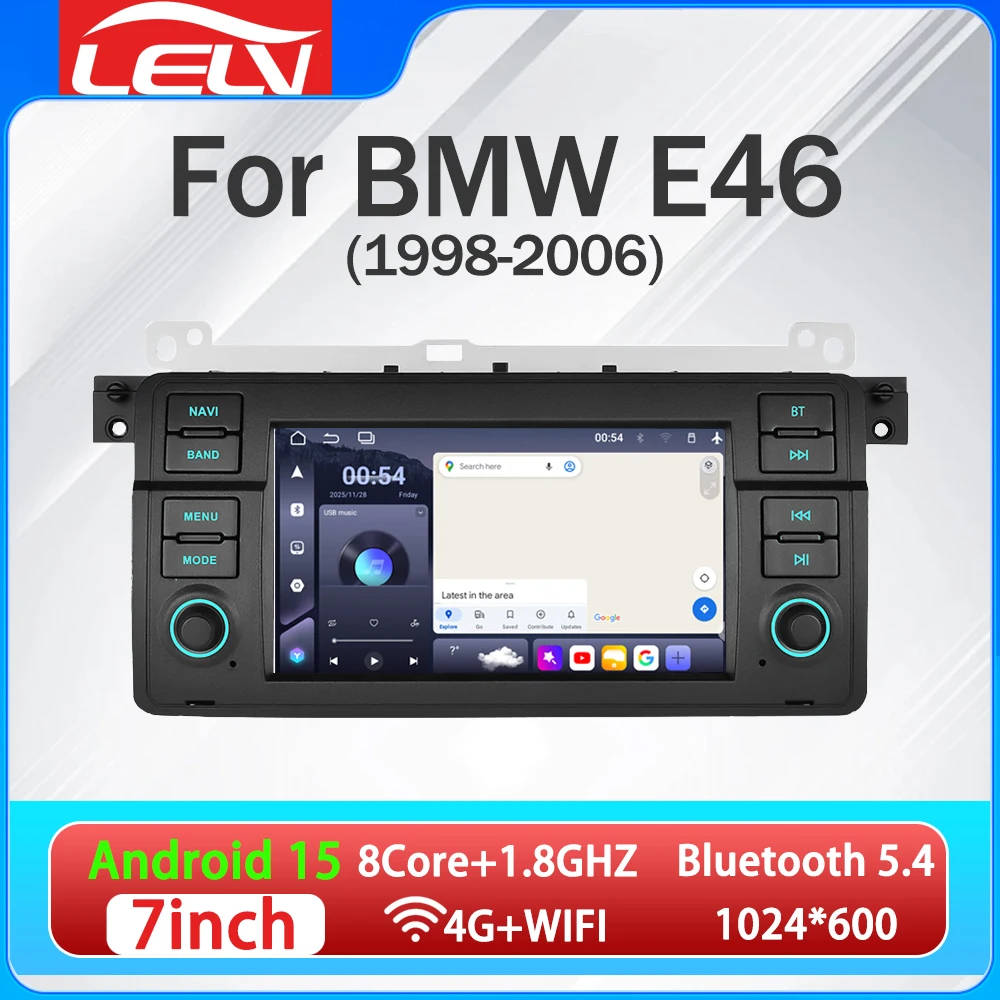 Reproductor Multimedia para Auto LELV de 7 Pulgadas para BMW Serie 3 E46 M3 318/320/325/330/335 1998-2006, Android Auto, Bluetooth 5.4, CarPlay, GPS, 1.8GHz