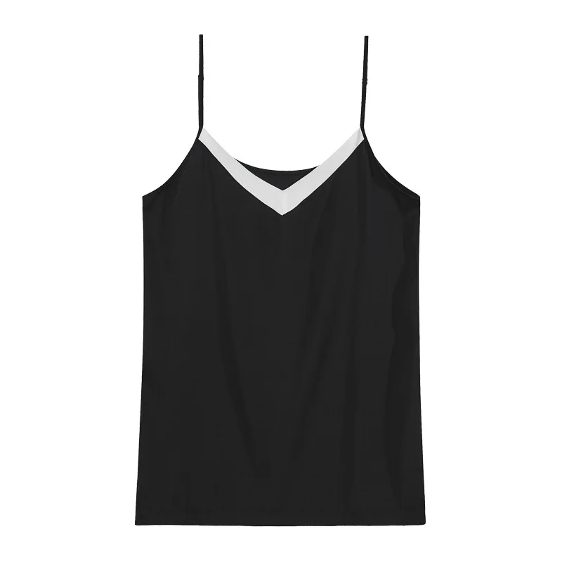 Birdsky, 1PC Women tank top tanks camisole tee Vest V neck 6A 89% real mulberry silk 11%spandex black white patchwork, S-724