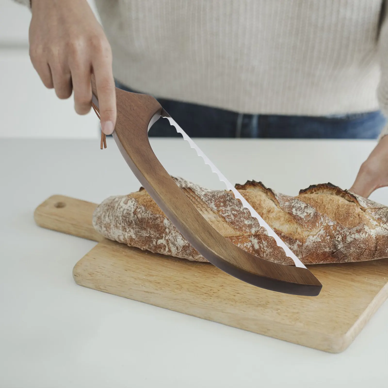 1Set Wood Bread Cutter Ergonomic Handle Home Sourdough Bread Slicer Stainless Steel Cake Cutting Tool Baking Kitchen Gadget