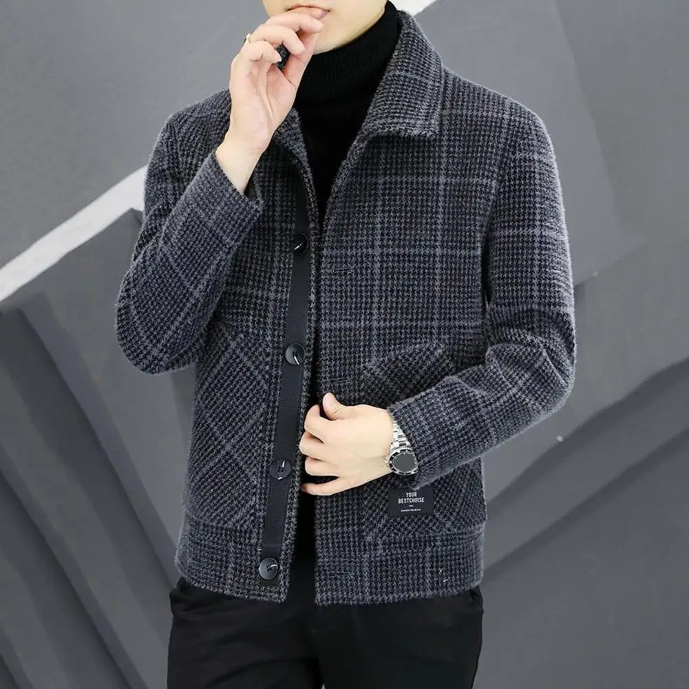 2024 Autumn Winter Men Neck Woolen Jacket Fashion Slim Fit Suit Coat Checkered Multi Pocket Korean Casual Jacket