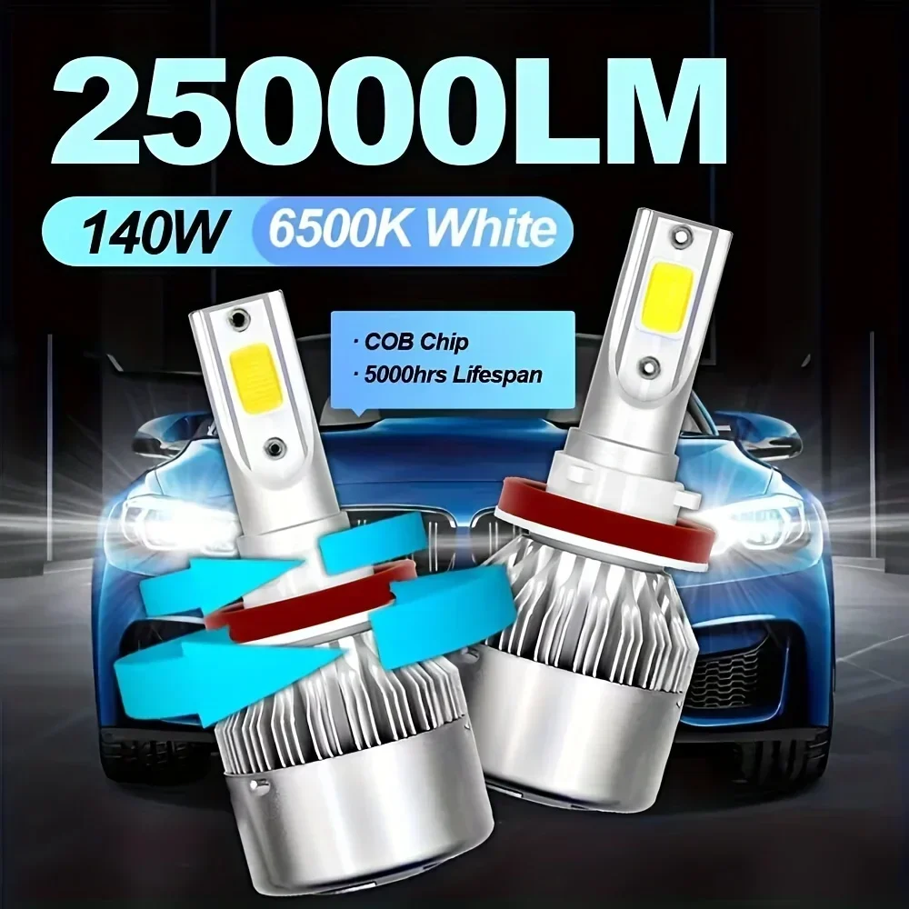 2pcs 25000LM 9005/HB3 9006/HB4 H11 H13 140W Bright LED Headlight Bulbs COB Chip High&Low Beam 6500K White Lamp 50000hrs Lifespan