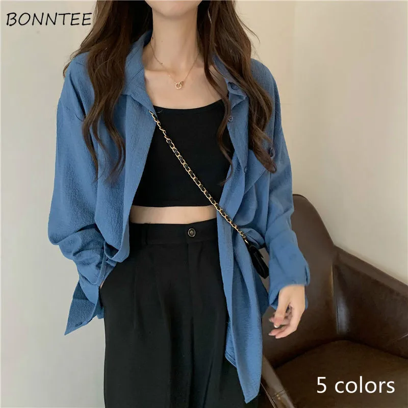 

Blouses Women Basic Spring College All-match Unisex Chic Simple Pure Long Sleeve Pockets Daily Feminino Clothing Neutral Casual