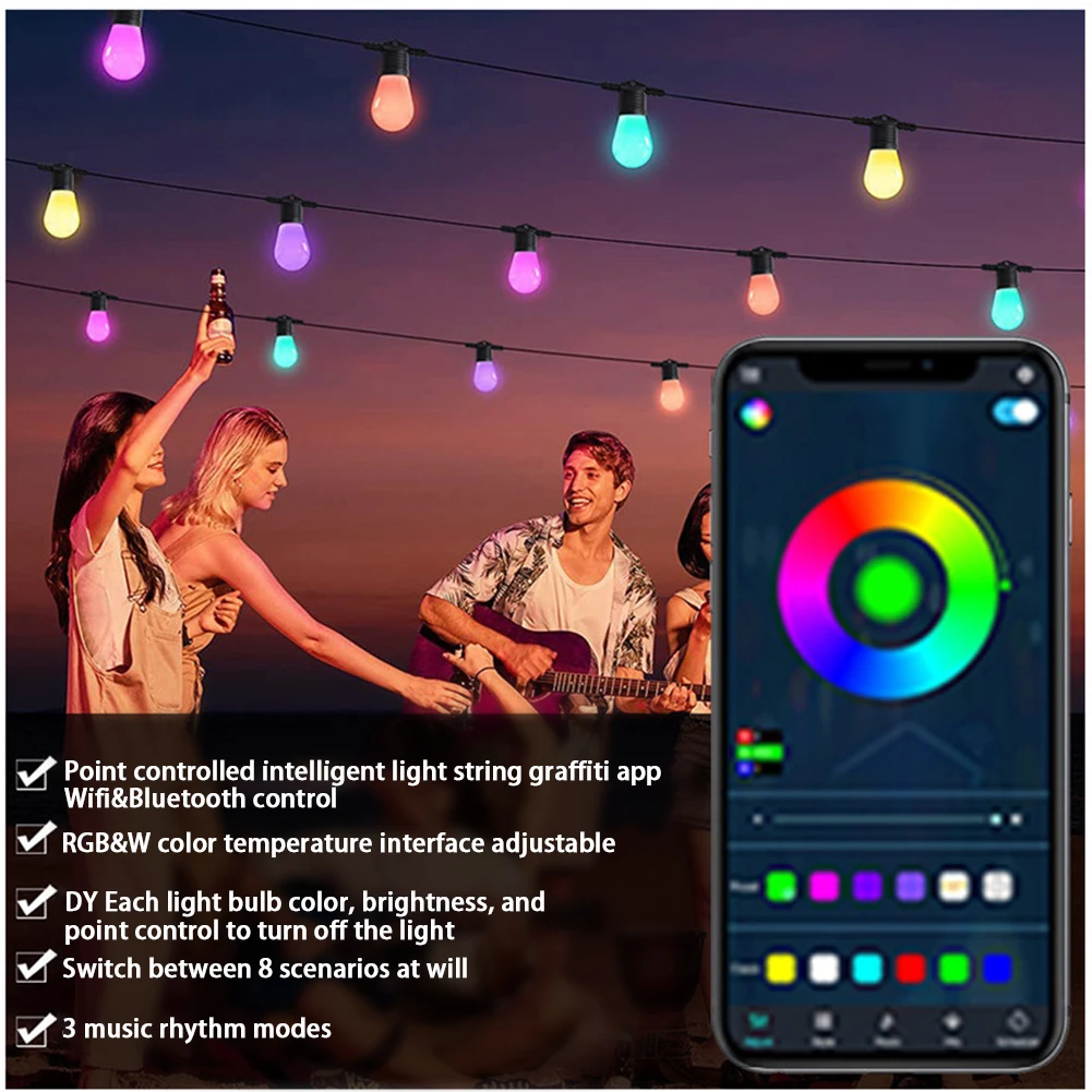 Inteligente LED String Lights para Jardim, impermeável, ao ar livre, Pátio Luz, festão, Decoração do casamento, RGBW, S14 Lâmpada, Wi-Fi, Dropshipping, 12m