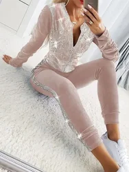 Elegant Women's Sets Tracksuits 2023 Contrast Sequin Zipper Design Coat & High Waist Pants Set for Women 2 Pieces Matching Suits