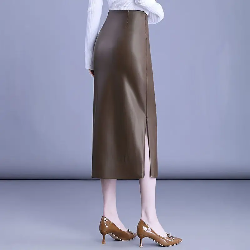 

High Quality Faux Sheep Leather Skirts Women Spring Fall High Waist Long Skirt Office Lady Straight Split Soft PU Leather Skirts