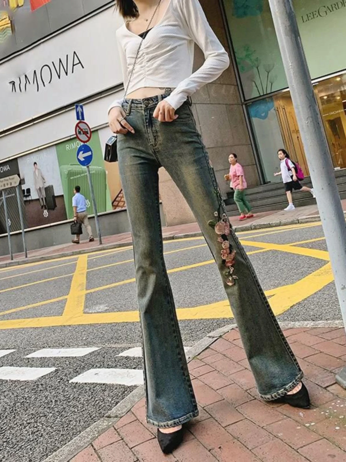 

Женские джинсы с высокой талией, расклешенные, с вышивкой, весенние, новые, облегающие, эластичные, утягивающие, микро-клеш, длинные брюки