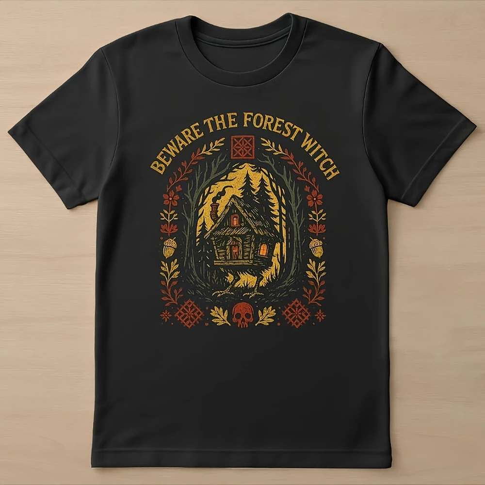 Herren-T-Shirt „Baba Yaga Beware The Forest Witch“ aus schwerer Baumwolle, Dark Country Folk Horror Graphic Tee, schwarze Herren-T-Shirts für den Sommer