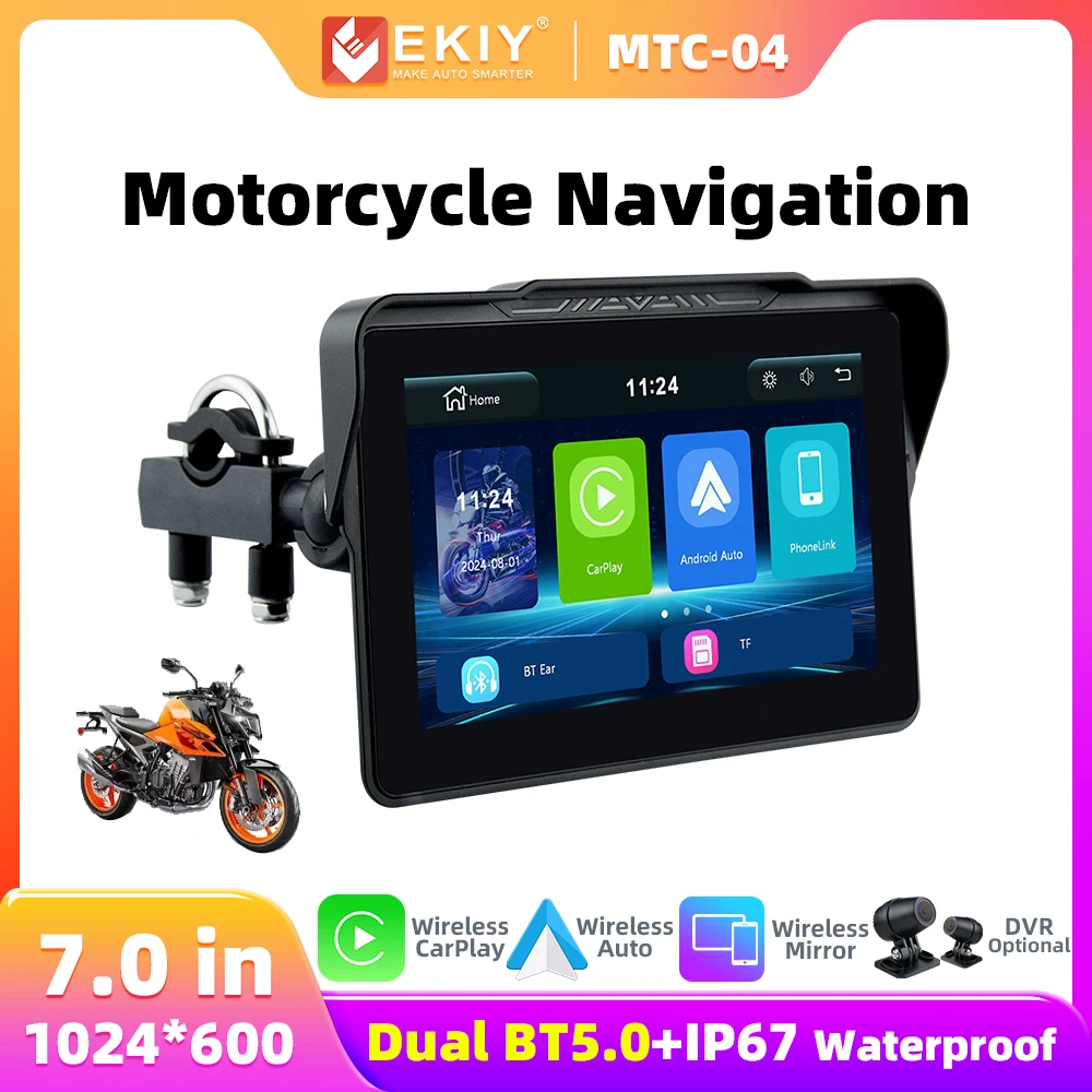 EKIY MTC04 7 inch Motorcycle CarPlay Navigation Wireless CarPlay Android Auto Airplay Display Screen Motorcycle Monitor Portable