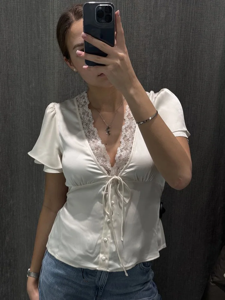 토시 레이스 여름 V넥 티셔츠 여성용 레이스업 홀터넥 반팔 프린트 크롭탑 풀오버 여성용 붕... - 5