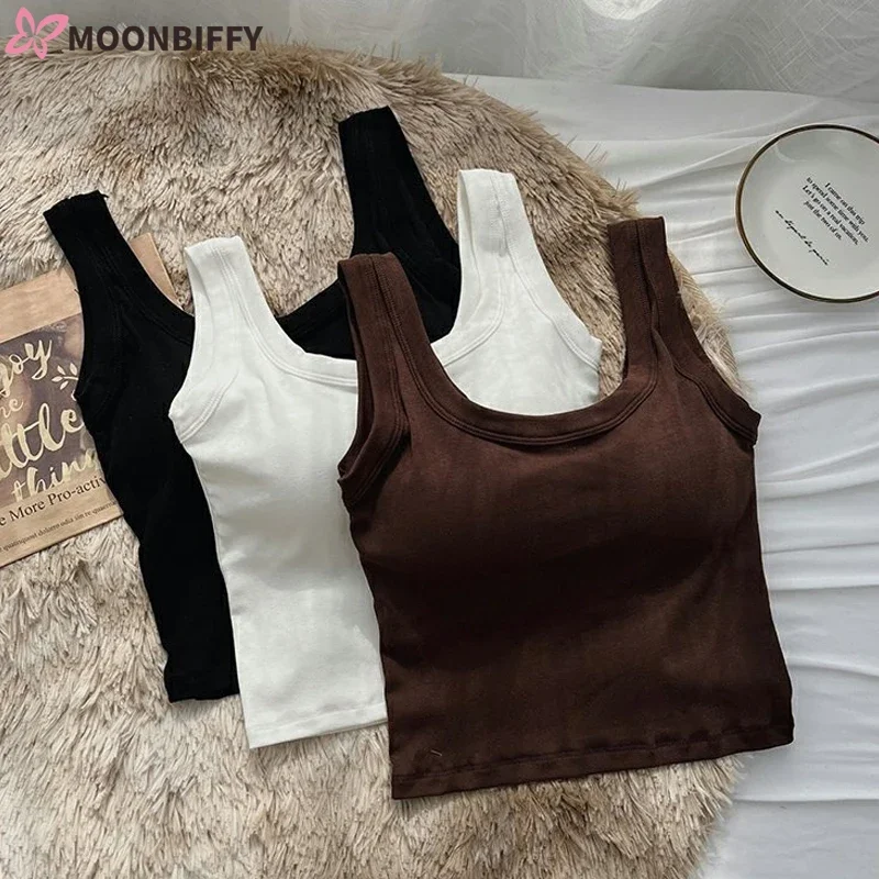 Women Cotton Chest Pad Vest One-Piece No Steel Ring Wide Shoulder Sports Yoga Vest Underwear Black White Bra Tank Top Women