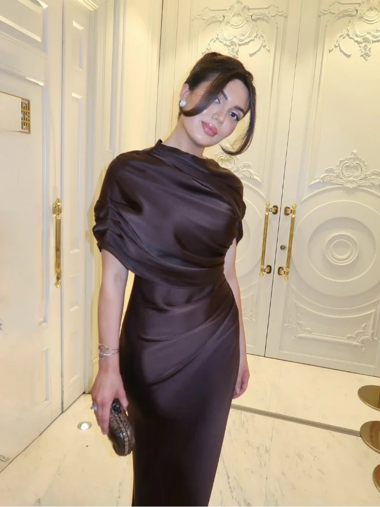 Однотонное коричневое плиссированное платье макси с шалью, женское элегантное тонкое длинное платье с коротким рукавом и высокой талией, 2026 женское вечернее платье, Vestidos