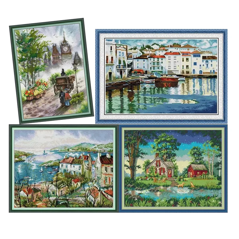 

Joy Sunday Beauty Scenery Pattern Cross Stitch Kits With Tool Aida 16/14/11CT Counted Printed Canvas DIY Hand Embroidery Set