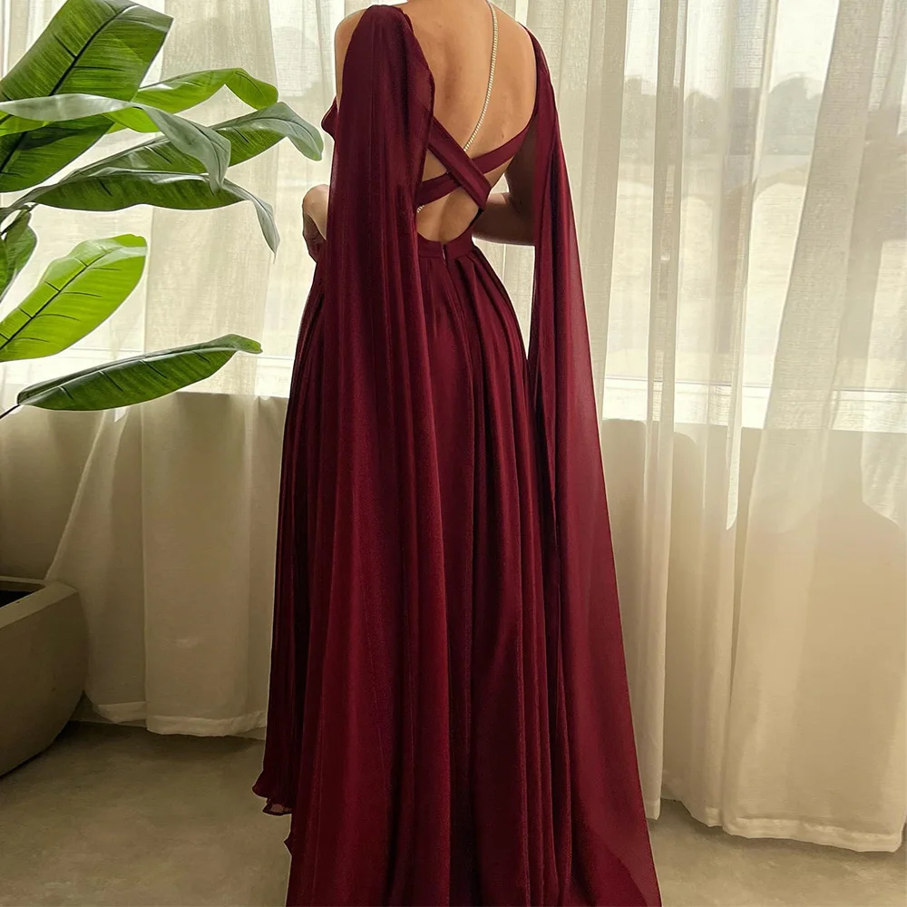 Classic Pleats Criss-Cross Watteau Train Evening Dresses Graceful Spaghetti Straps Square Neck Burgundy Party Gowns فساتين سهرة