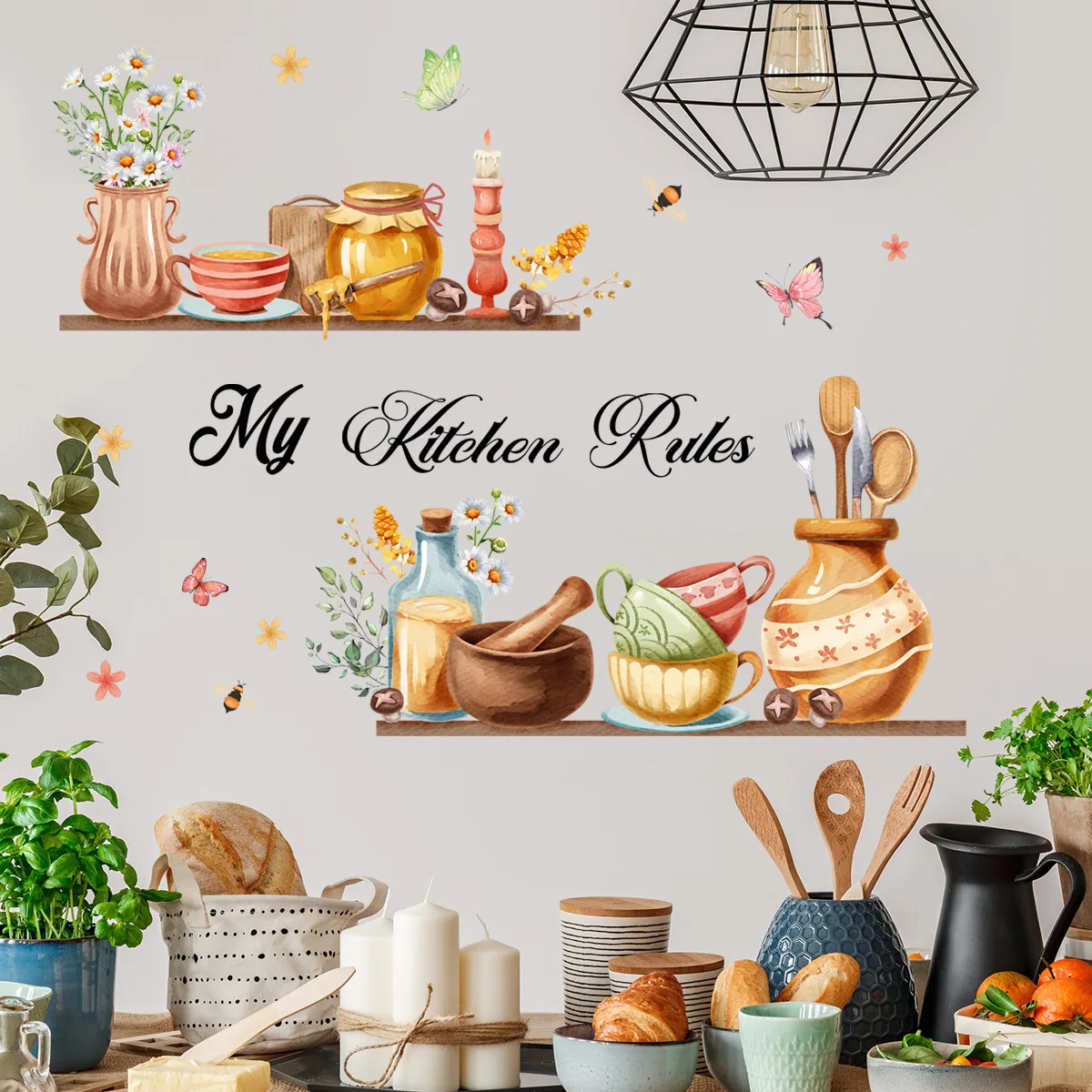 

Wall Stickers Kitchen Quote My Kitchen Rules Sign Home Decor Kitchenware Pots on Shelves Dining Room Decals Wall Art Mural