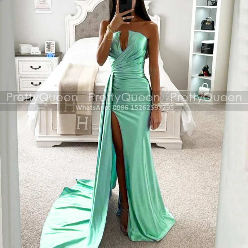 Sexy Pleat Mermaid Bridesmaid Dresses With Waistline Cap Customized High Slit Strapless Sheath Wedding Party Dress