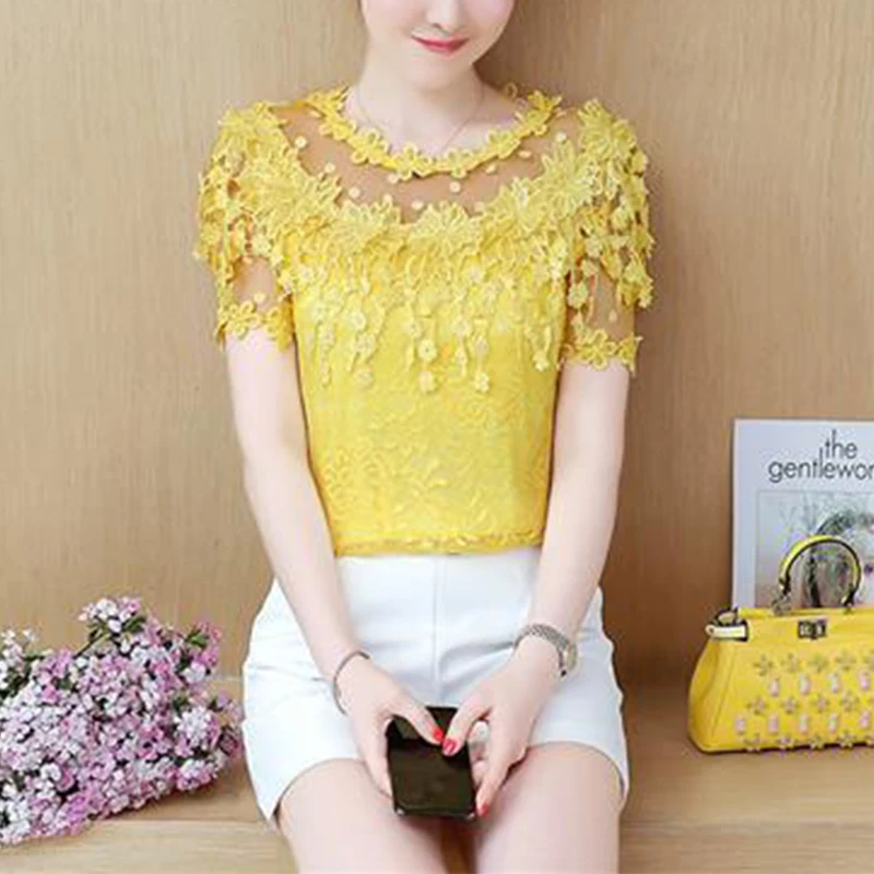 Summer New Elegant Fashion Lace Patchwork Hollow Out Blouse Female Short Sleeve Sweet Pullover Shirt Women Sexy All-match Top