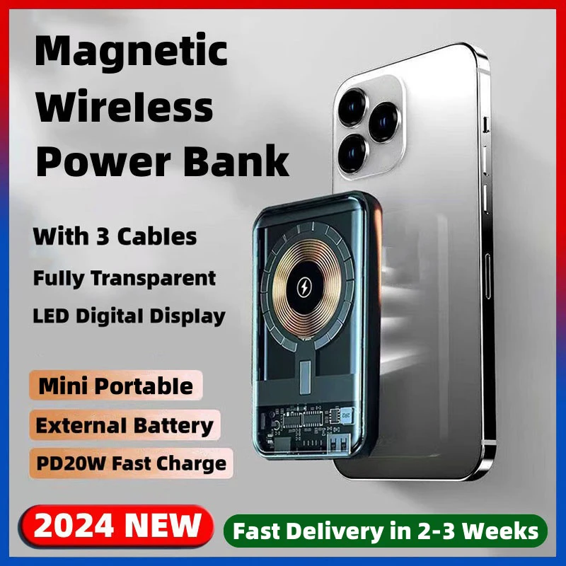 

10000mAh Transparent Magnetic Wireless Power Bank 20W Fast Charger Spare Battery For iPhone 16 15 14 13 12 11 Pro Max Powerbank