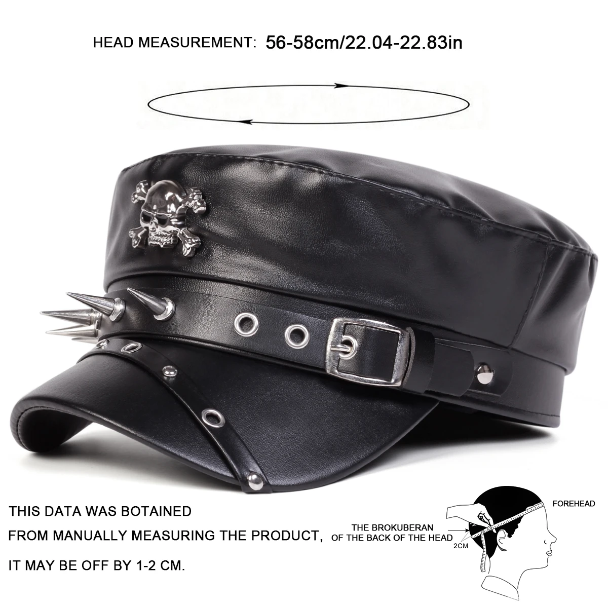 Unisex Rivet Skeleton PU Leather Military Hats Flat Top Baseball Caps For Women Outdoor Sports Cadet Sunscreen Hat