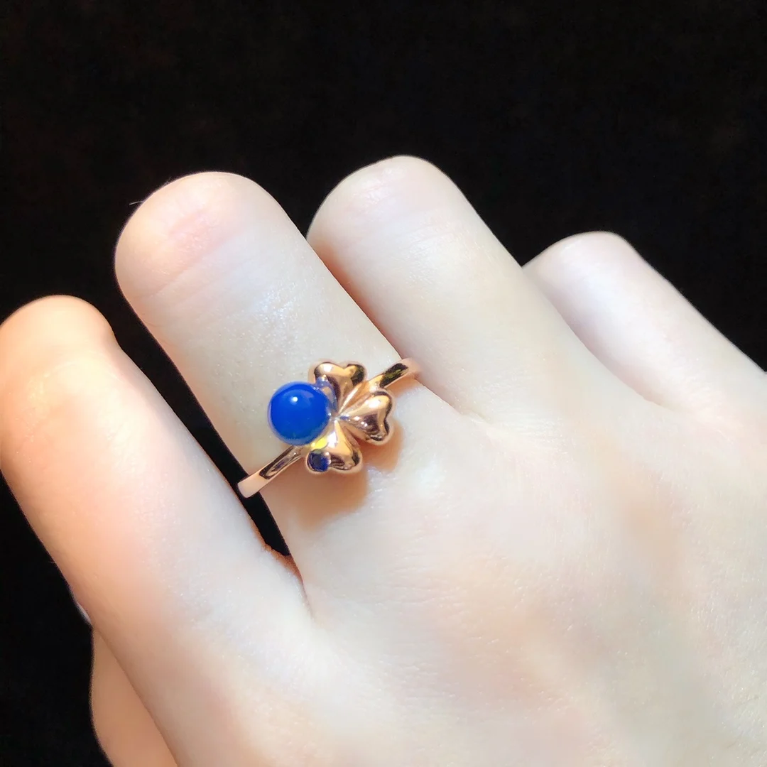 

Women's Romantic Love Gift Adjustable Rose Gold Silver Ring Lucky Three - Leaf Clover 5mm Blue Amber & Dark Blue Accent Stone