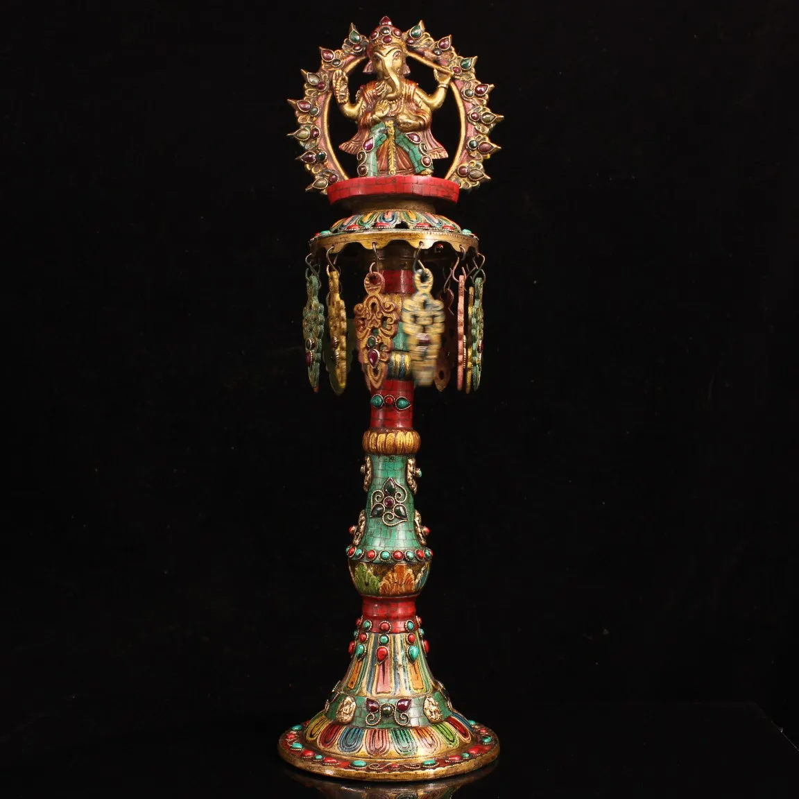 

22"Tibetan Temple Collection Old Bronze Outline in gold Gem Turquoise Ganesha Lotus stage Oil lamp Candlestick Worship Hall