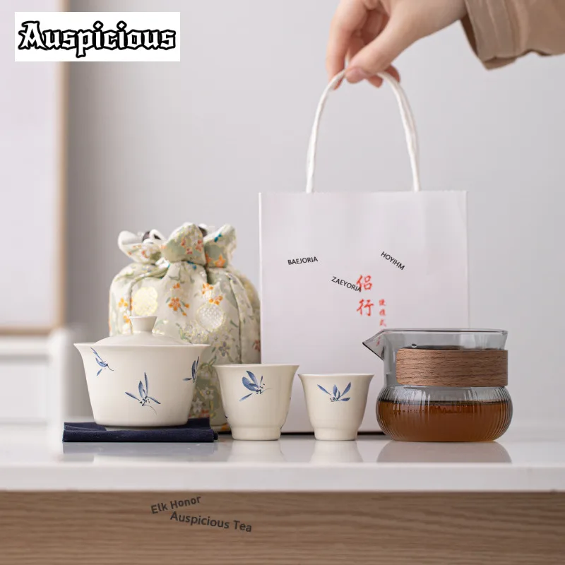 

Luxury Butterfly Orchid Travel Tea Set Kit Antique 1 Pot 3 Cups Tea Brewing Organizer Portable Camping Handbag Ornaments Gift