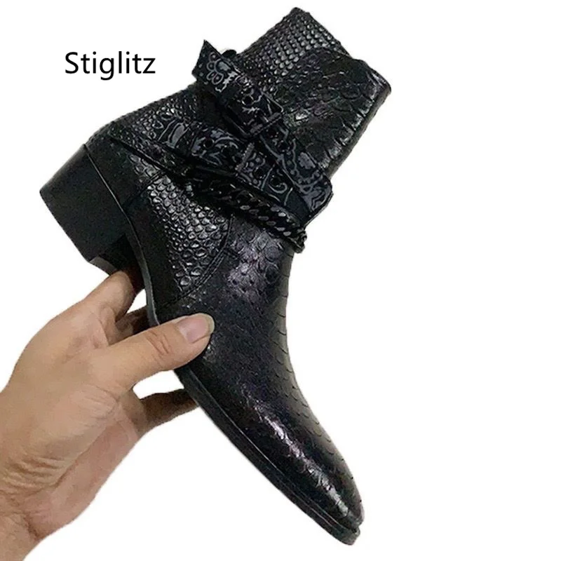 British Style Snake Pattern Ankle Boots for Men Pointed Toe Belt Buckle Leather Boots Black Stylish Casual High-Top Men\'s Shoes