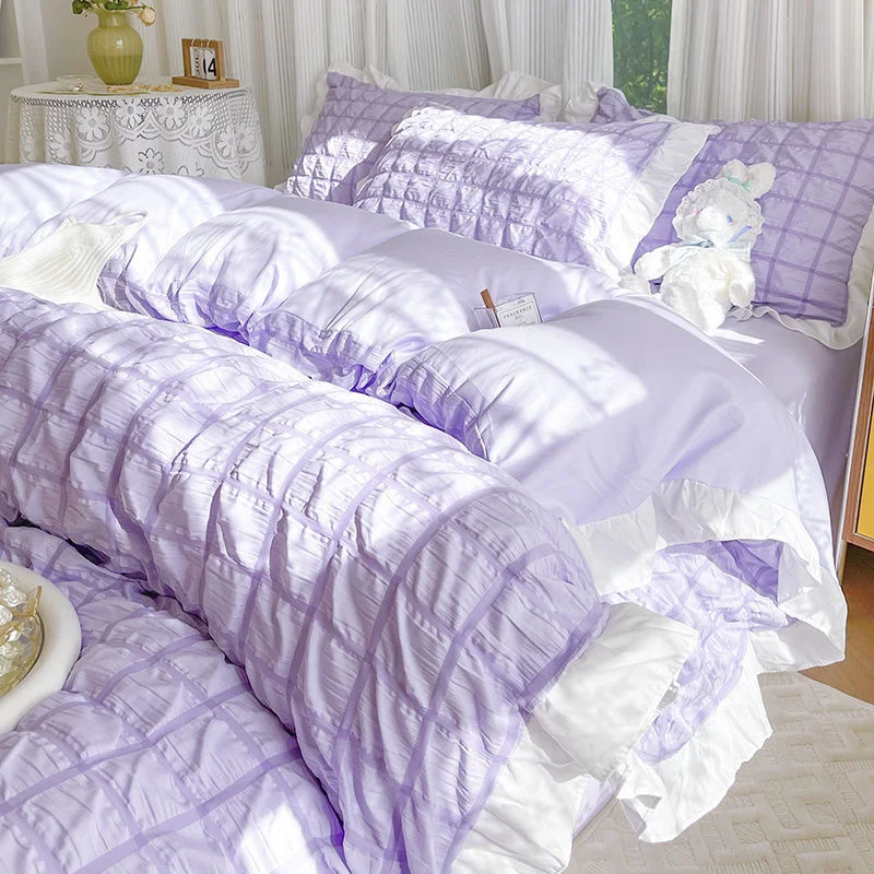Luxury Seersucker Washed Cotton Bedding Set INS Girls Princess Bedding Set with Lace Solid color Bedclothes Sheets Pillowcase