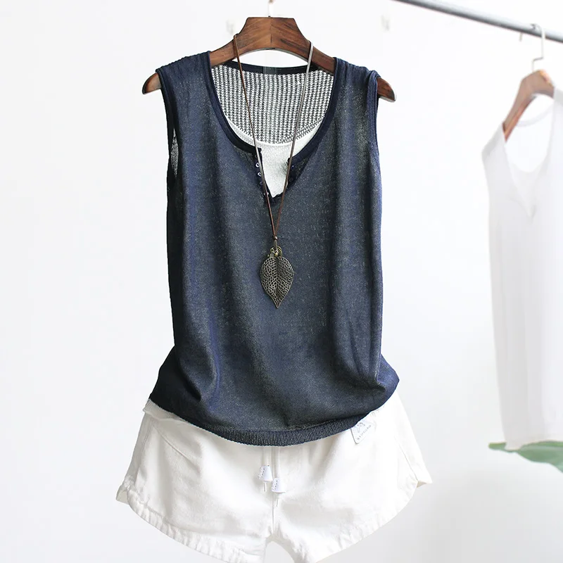 

Vintage Cotton Linen Fake 2 Pieces Women Tank Tops Summer 2022 V-Neck Solid Sleeveless Slim Knitted Female Pulls Outwear Tees