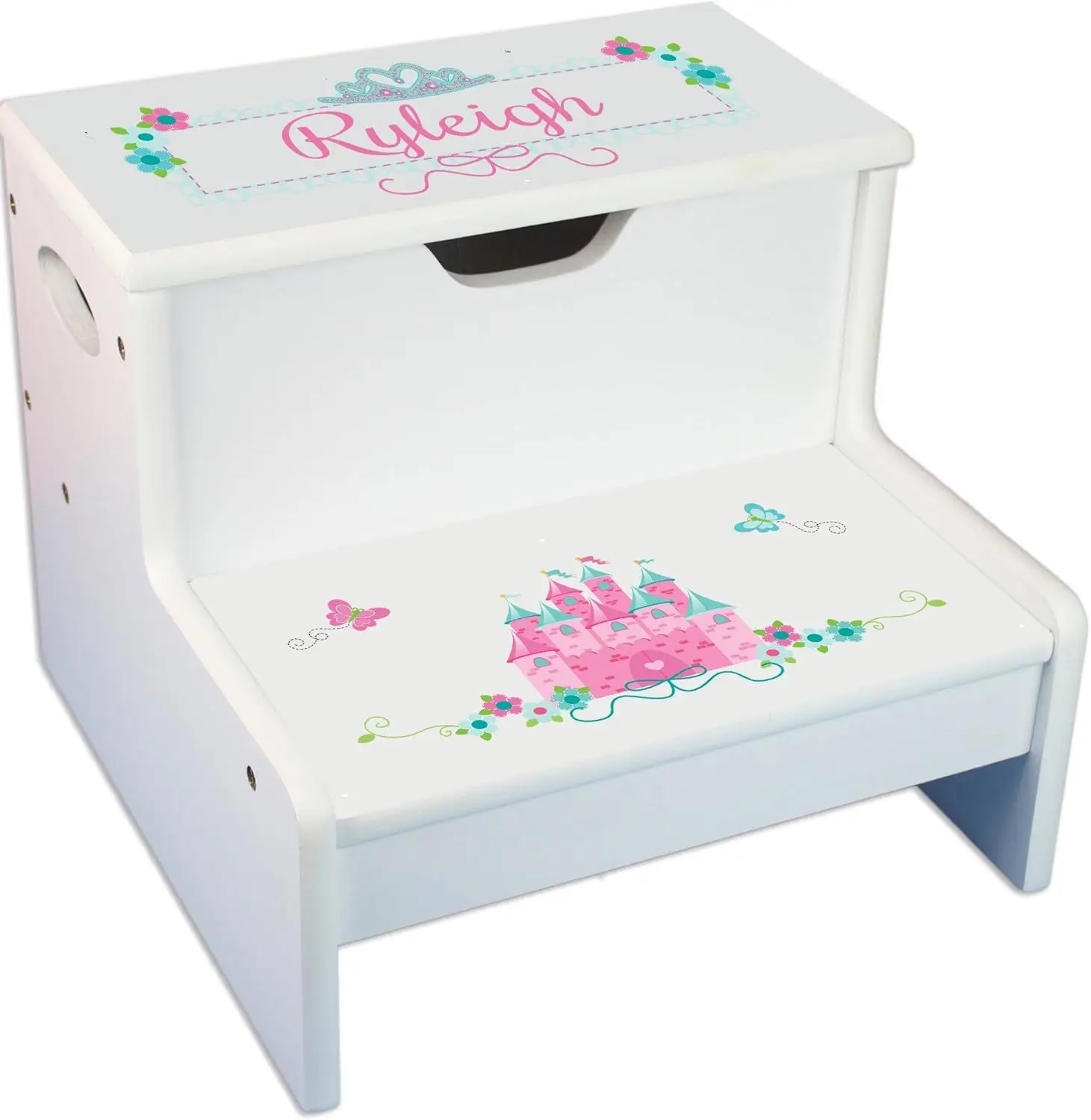 

Personalized Pink Teal Princ Castle Childrens Step And Storage Stool