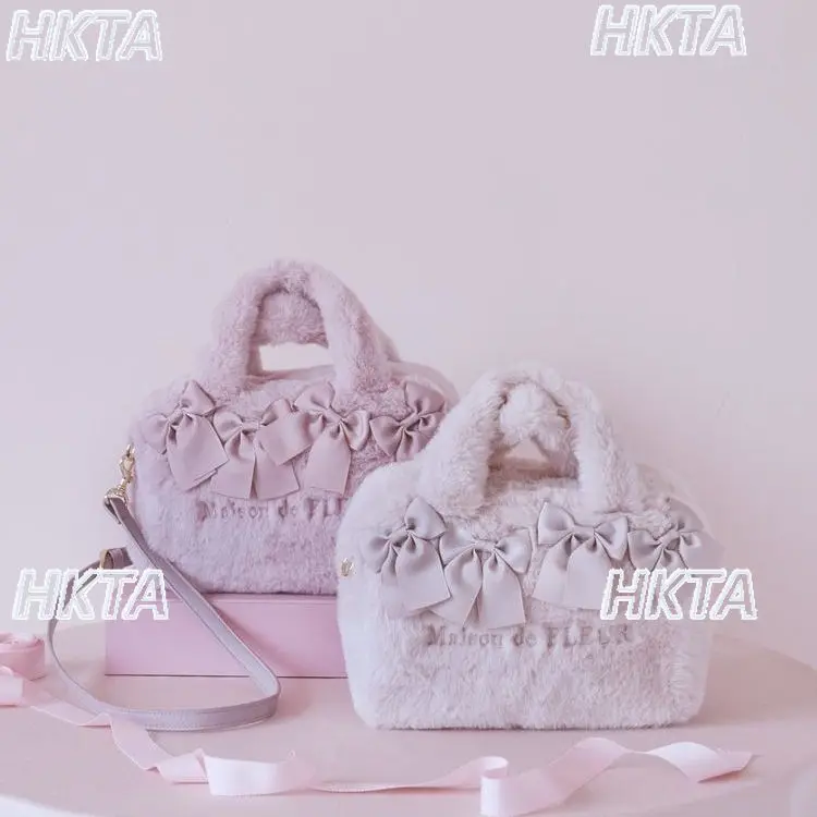 Japanese 25 Winter New Cute Cartoon Plush Bow Messenger Bag Women Sweet Lolita Letter Embroidery Furry Backpacks Tote Bag Ladies