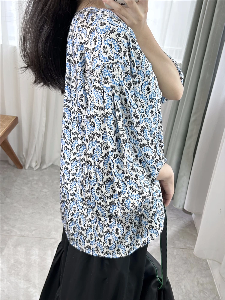 

Drawstring Shirt Lantern Long sleeved Printed Top Elegant Small Shirt 2024 Spring New French Fashion Loose