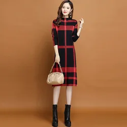 Autumn Winter Plaid Striped Knitted Dresses Women's Clothing Over Knee Patchwork Contrast Style Vintage Wool Dresses