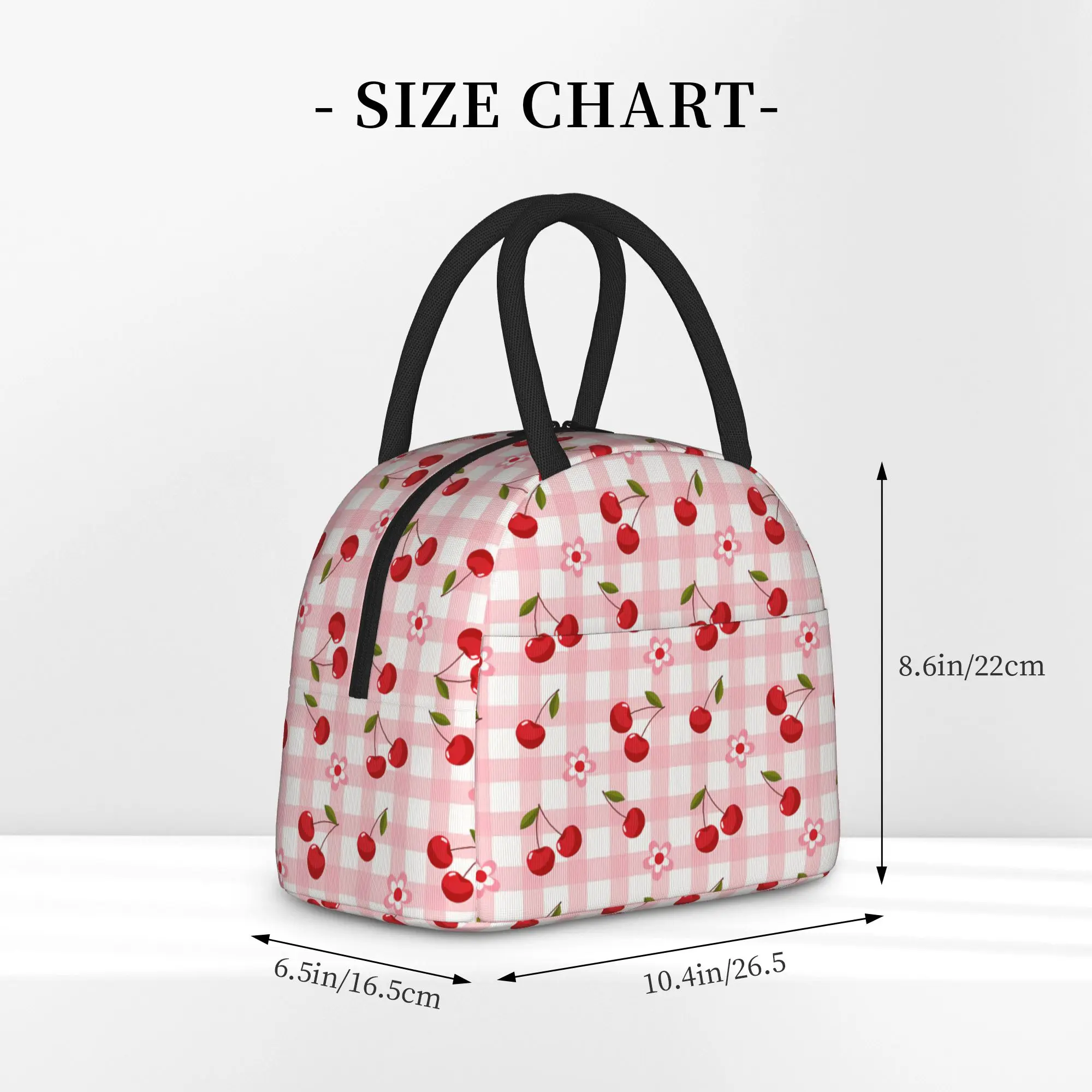 Cherries Pink Gingham Check Pattern Lunch Bag For Girl Boy  Custom School Lunch Box Funny Portable Zipper Oxford Cooler Bag